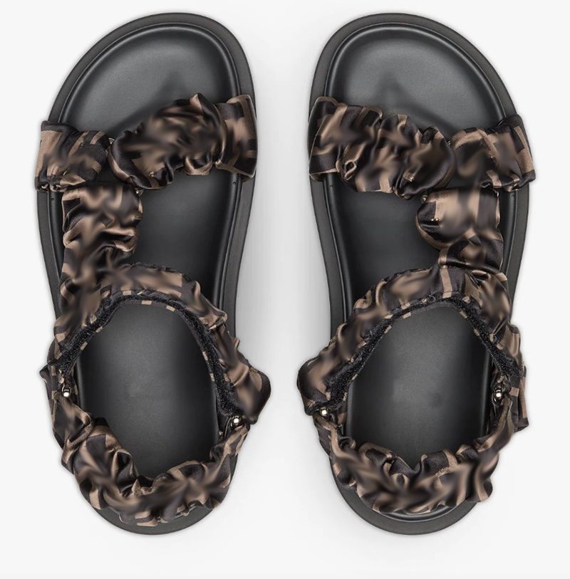 

Women Designer sandal Brown satin sandals Flat sandal with wide bands Print stretch satin embellished Shoes Girls Summer Slipper With Box 349