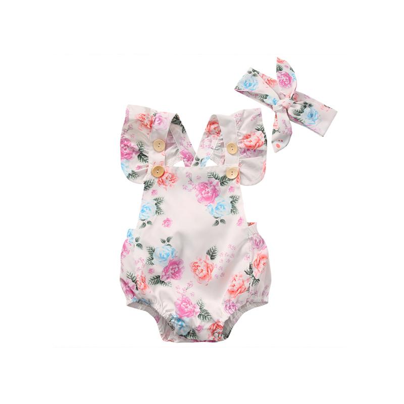 

Rompers 2PCS Summer Lovely Floral Born Toddler Baby Girls Short Sleeve Square Collar Print Bodysuit Headband Outfit Party 0-24MRompers, As pic