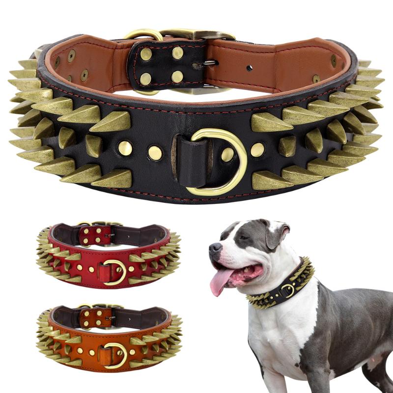 

Dog Collars & Leashes 2'' Width Leather Collar Durable For Big Dogs Sharp Spikes Studded Medium Large Pet Pitbull German ShepherdDog
