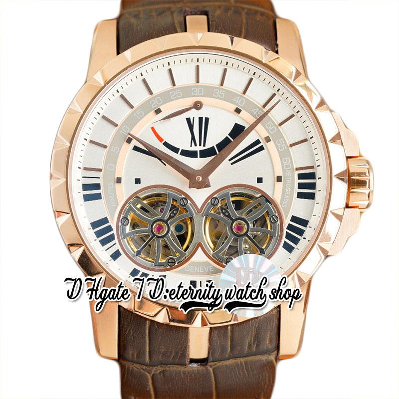 

2022 RRF Excalibur Quatuor Double Tourbillon Automatic Mens Watch 46MM BEX0249 Rose Gold Case White Dial Black Stick Brown Leather Strap Sport eternity Watches, Watch deep waterproof production cost