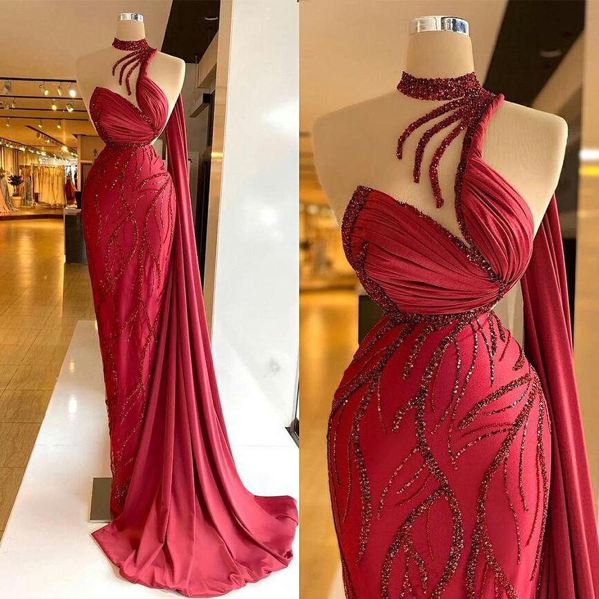 Robe de bal de sirène rouge chic Satin One épaule Cocktail de paillettes sur mesure Robes d'occasion spéciale