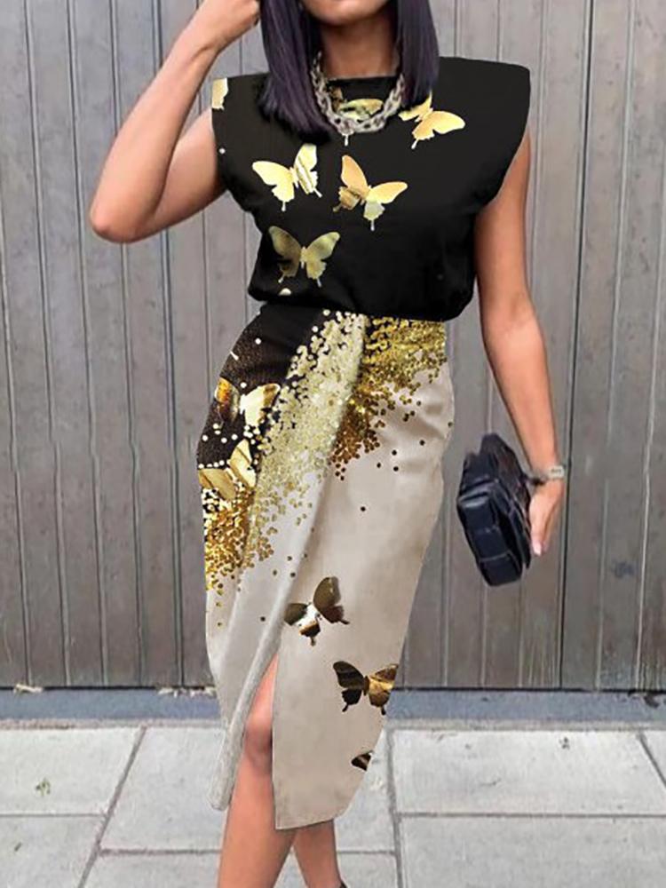 

Casual Dresses Fashion Office Ladies Elegant Sleeveless Dress Sexy O-Neck Chic Print Slim Long Women Folds Slit Party VestidoCasual, 01 print