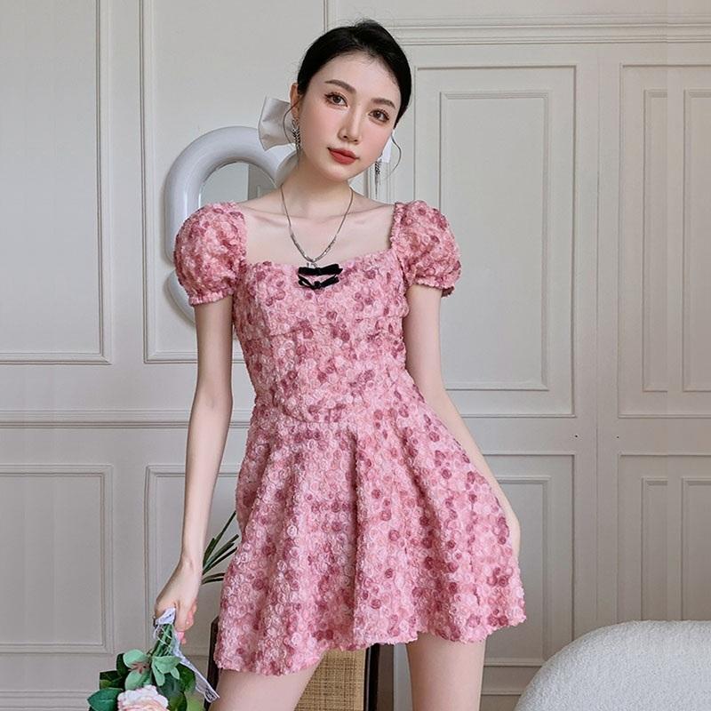 

Party Dresses Summer Women' Square Neck Puff Sleeve Mini A-line Dress Rose Flower Bow High Waist Sweet Ladies Short VestidosParty, As picture