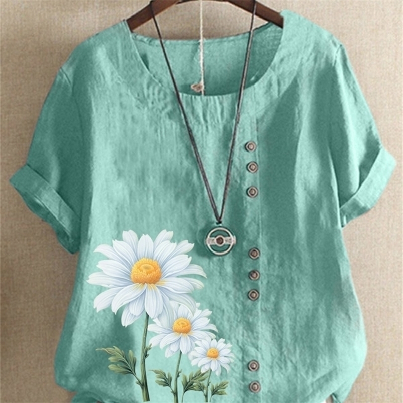 Womens Summer Round Neck Short Sleeve Tshirt Casual Cotton Linen Graphic Shirt Leisure Fashion Loose Daisy Prined Blouse Tops 220530