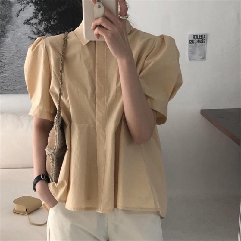 

Women's Blouses & Shirts HziriP Solid Lapel Loose Streetwear Summer Puff Sleeves 2022 Brief Vintage Girls Casual Tops Femme Chic All Match, White