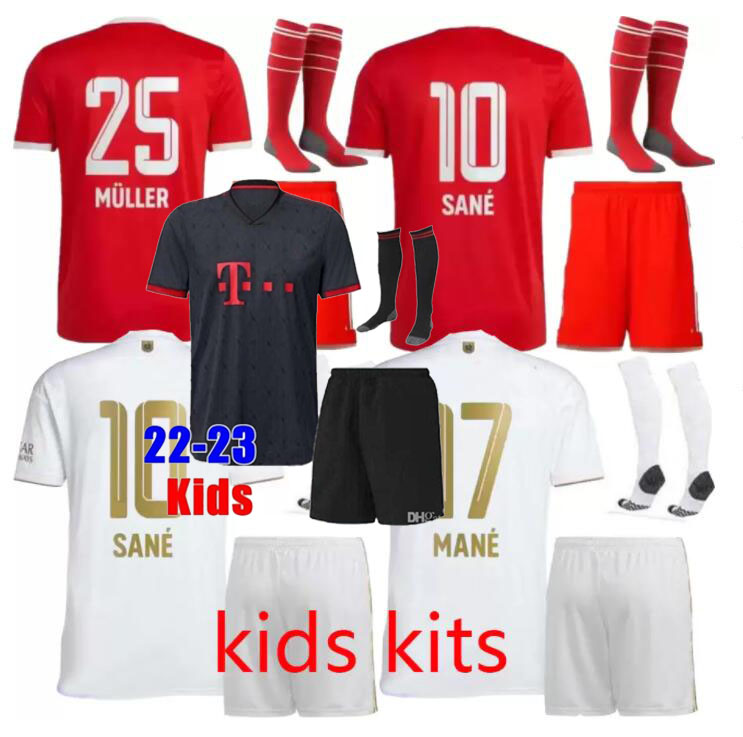 

kids kits soccer jerseys 22 23 SANE BAYERN MUNICH GORETZKA COMAN MULLER DAVIES KIMMICH football shirts 2022 2023 DE LIGT child uniforms, Away