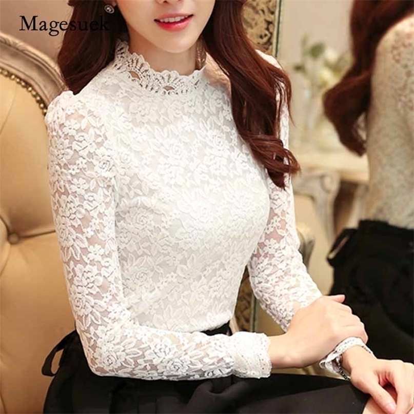 

Fashion Plus Size Lace Crocheted Hollow Out Top Stand-up Collar White Blouse Woman Sweet Long Sleeve Shirts Blusas 1695 220402