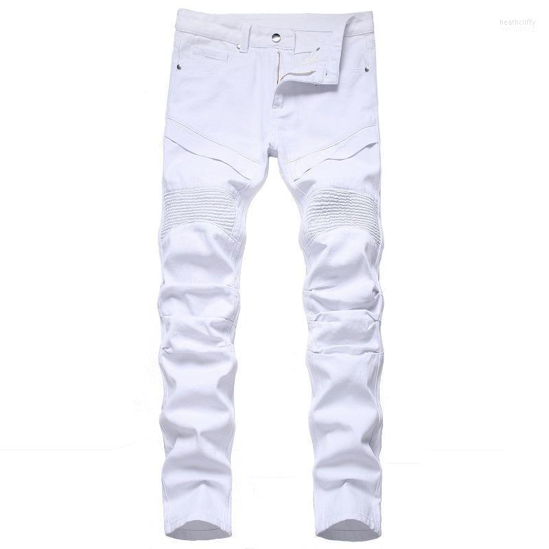 

Men's Jeans White Pleated Men Patchwork Moto & Biker Style Casual Solid Color Full Length Fashion Straight Denim Trousers Heat22, Black