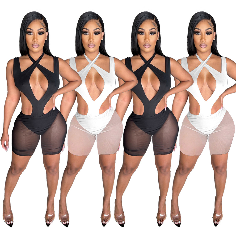 

Newest Mesh See Through Tracksuits For Women Solid Sleeveless Romper And Casual Shorts Nightclub Sexy Two Piece Sets BC3023, White