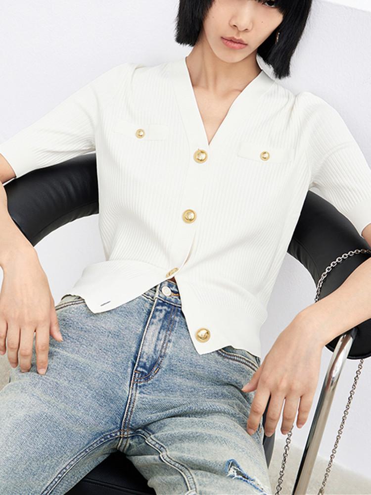 

Women' Knits & Tees Women Carved Gold Button Knit Sweater Casual Fashion Thin Slim Jumper Ladies V-neck Short-Sleeve Knitted Cardigan TopWo, White