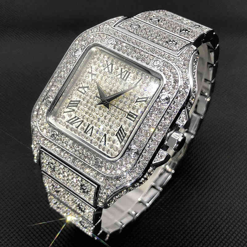 

Ice Out Square Watch For Men Top Diamond Mens Thin Waterproof Hip Hop Clock Dropshipping Rhinestone Watches Luxury Designe, V324 gold