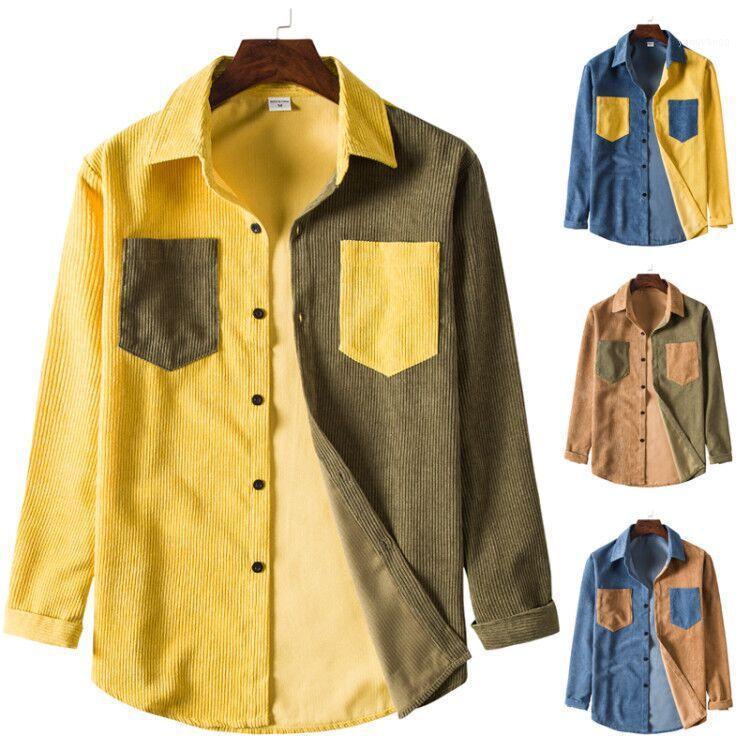

Men's Corduroy Shirt Long Sleeve Turn Down Collar Patchwork Cardigan Casual Single-Breasted Padded Tops Shirts, Khaki