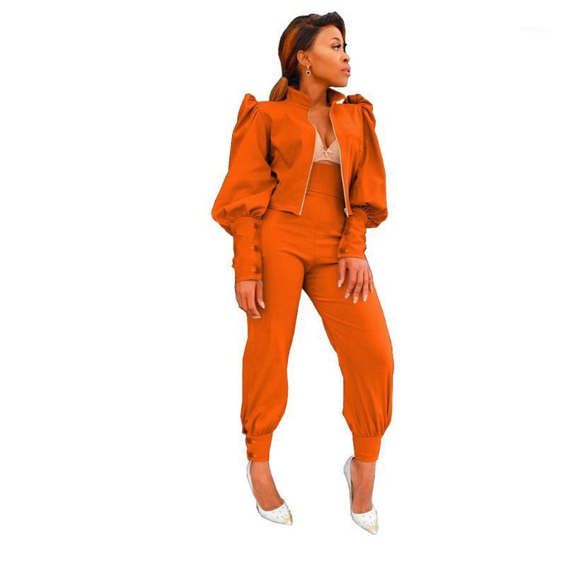 

Women' Two Piece Pants Pieces Set Women Outfits Tracksuit Puff Sleeve Zip Top Elastic Waist Pencil Fall Clothes Wholesale, Black