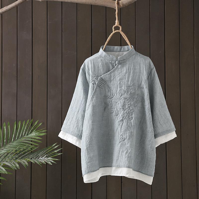 

Women's Blouses & Shirts Chinese Style Stand Collar Button Cotton Linen Tops Womens Double Layer Embroidered Ladies Half Sleeve BlusasWomen', Blue