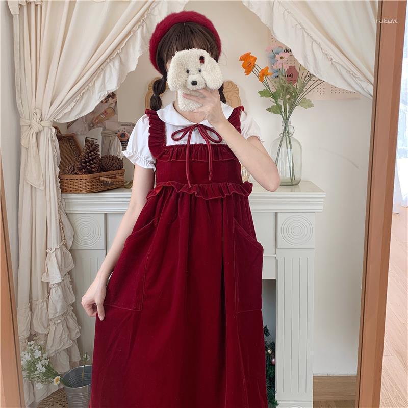 

Summer Women' Dress 2022 Kawaii Lolita Red Slip Long Sweet Cute Preppy Style Sundresses Vintage Outfit Casual Dresses, Short sleeve