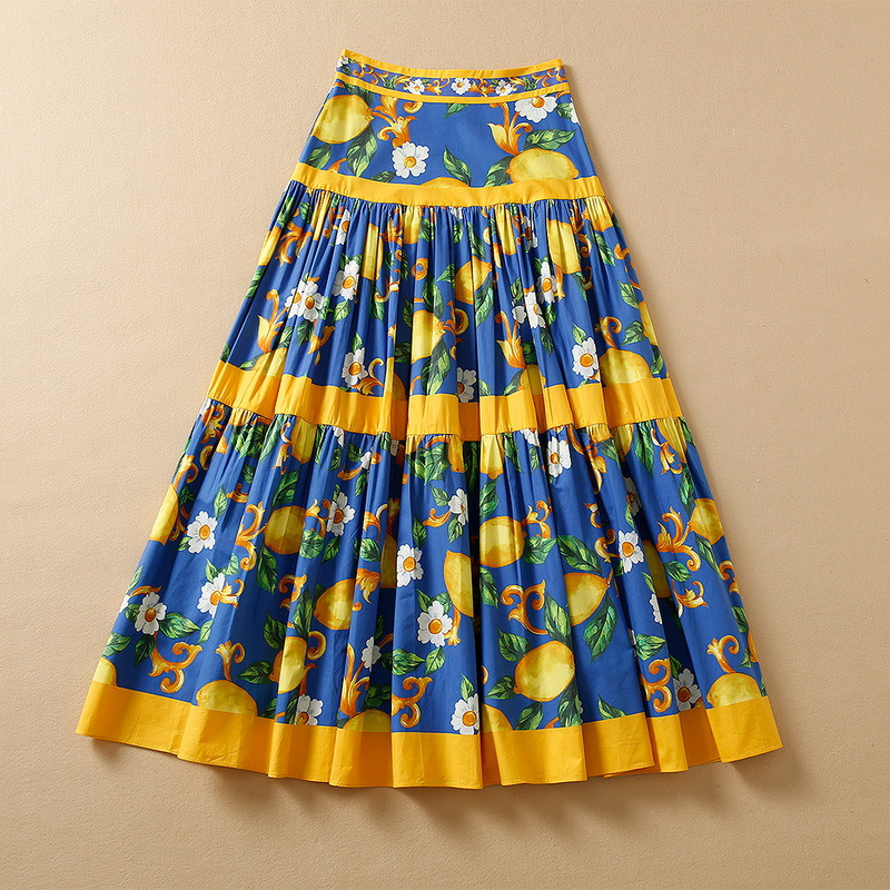 

European and American women' summer 2022 new Floral lemon print fashion Cotton pleated skirt, Blue