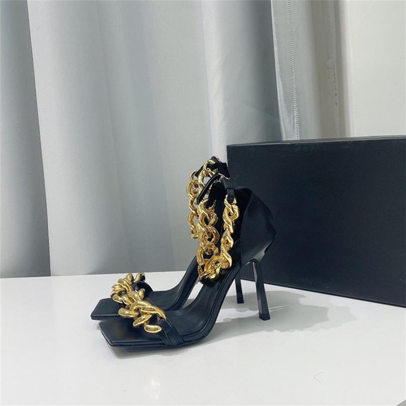 

2021 Designer Luxury Brand Ladies Dress Shoes Calfskin High Heels Metal Chain Sandals Women Square Head Ankle Strap Gladiator Stil287S, Shoes box
