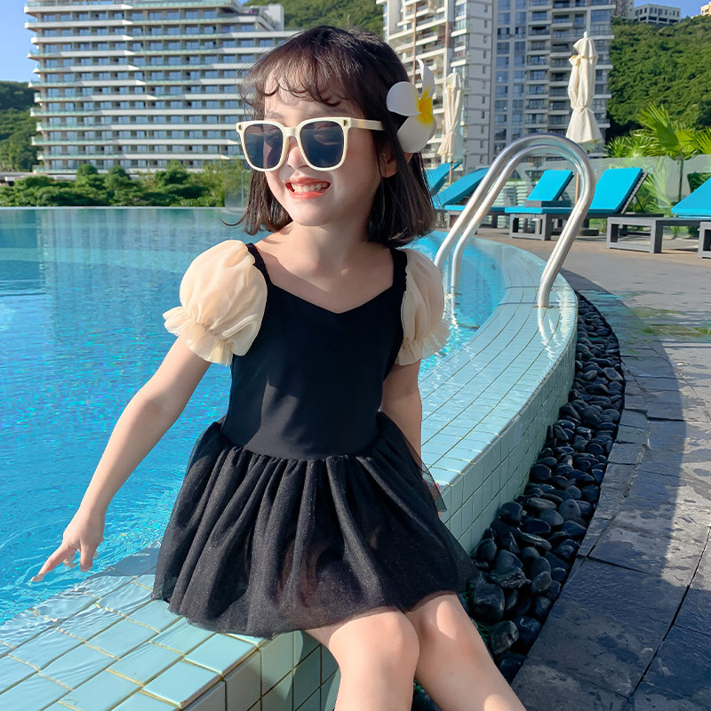 

children Tulle swimsuit one-piece sweet baby Girl cute little princess lace gauze tutu skirt quick dry swimwear INS kids Bathing Suits with hat S2050, Black