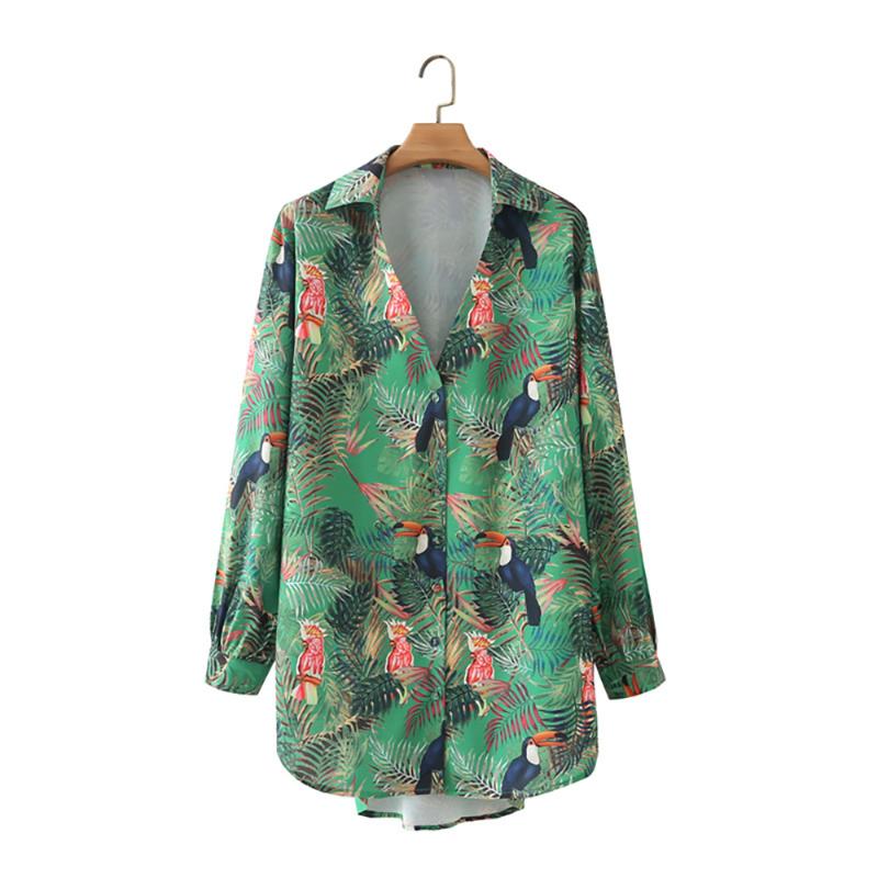 

Women' Blouses & Shirts Elegant Green Print Floral Woman Oversized Long Shirt Women Summer Button Up Sleeve Plus Size Ladies Tops, Green print shirt