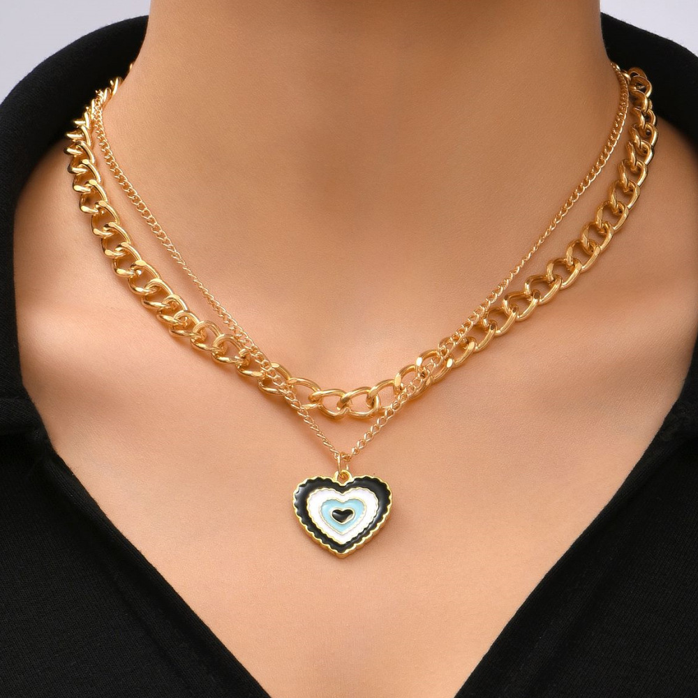 

New Necklace Fashion Double-layer Yin-yang Bagua Oil Dripping Metal Clavicle Chain Peach Heart Necklace