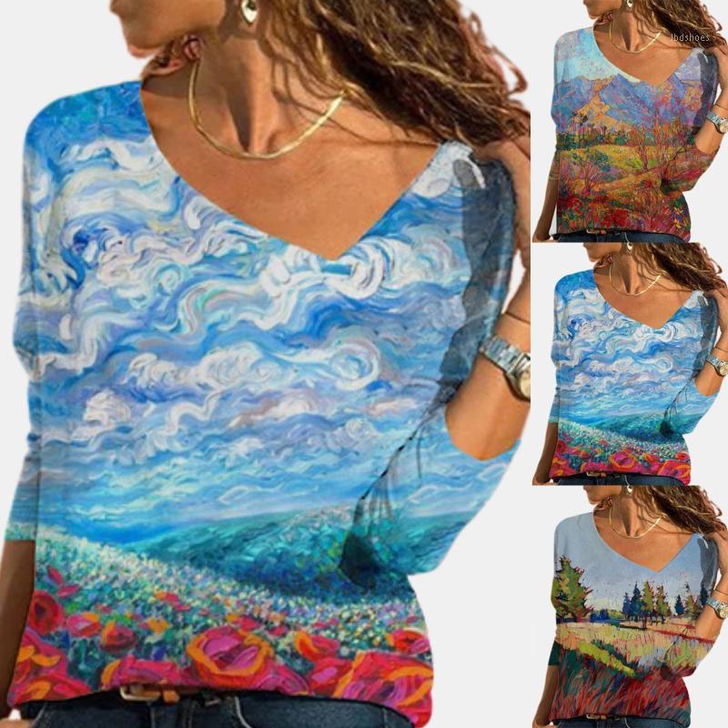 

Women' T-Shirt Fashion Casual Sleeve Pullover Long Landscape Print Sports Women' Blouse Athletic TopWomen, Black