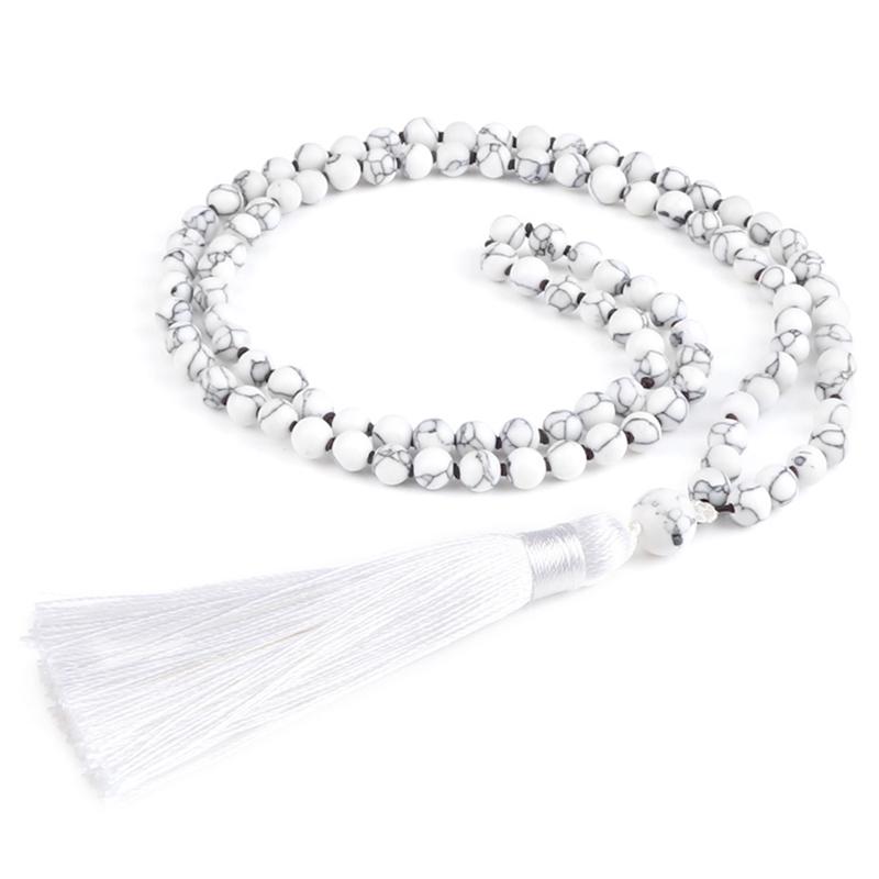 

Pendant Necklaces Fashion White Tassel Long Necklace 6mm 108 Beaded Natural Stone Black Line Turquoises Handmade Mala Women Men Jewelry