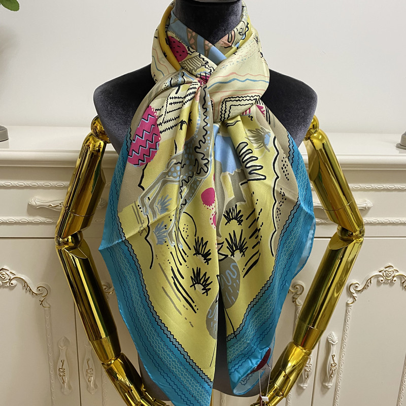

Women's square scarf 100% silk material yellow print pattern beautiful scarves shawl size 130cm -130cm