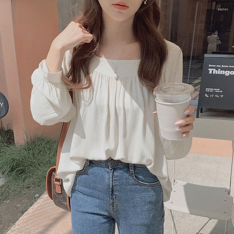 

Women's Blouses & Shirts Women Tops Square Collar Clothes 2022 Autumn Long Sleeve Loose Shirt Chiffon Apricot WhiteWomen's, Gy
