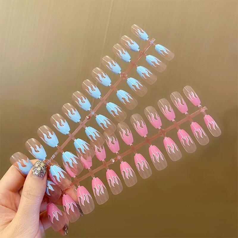 

False Nails 24Pcs Blue/Pink Flame Nail Tips Full Cover UV Gel Acrylic Ballerina Coffin Fake DIY Manicure ToolsFalse