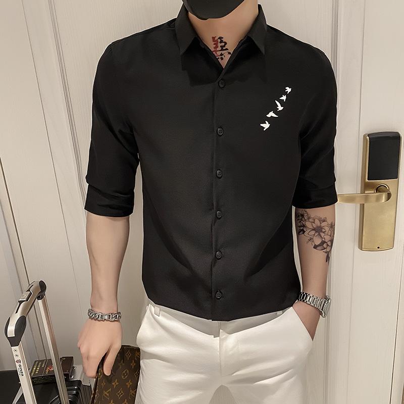 

Men's Casual Shirts Birds Print Fashion Boutique Three Quarter Sleeves Shirt Men Summer Quality Smooth Comfortable Slim Fit Camisa Masculina, As picture