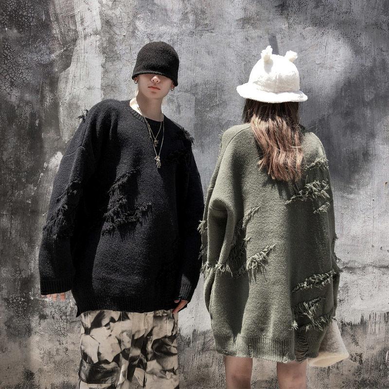 

Men' Sweaters Autumn Winter National Tide High Street Ins Matcha Green Hole Frayed Sweater Loose Men And Women Couple Pullover SweaterMen