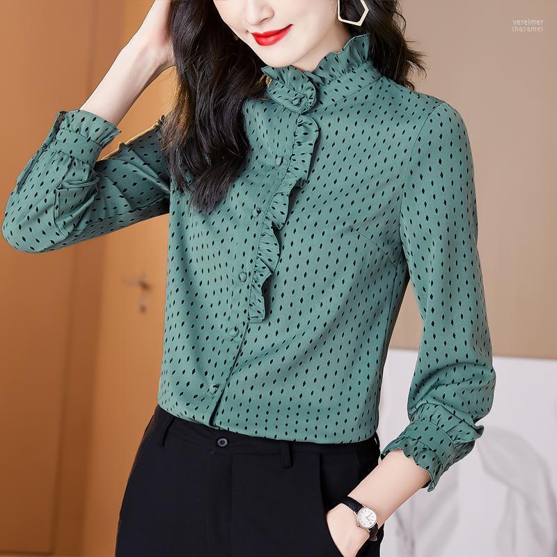 

Women' Blouses & Shirts Korean Women Chiffon Blouse Long Sleeve Shirt Woman Vintage Ruffles Tops Dot Print 3XL Vere22, Pink