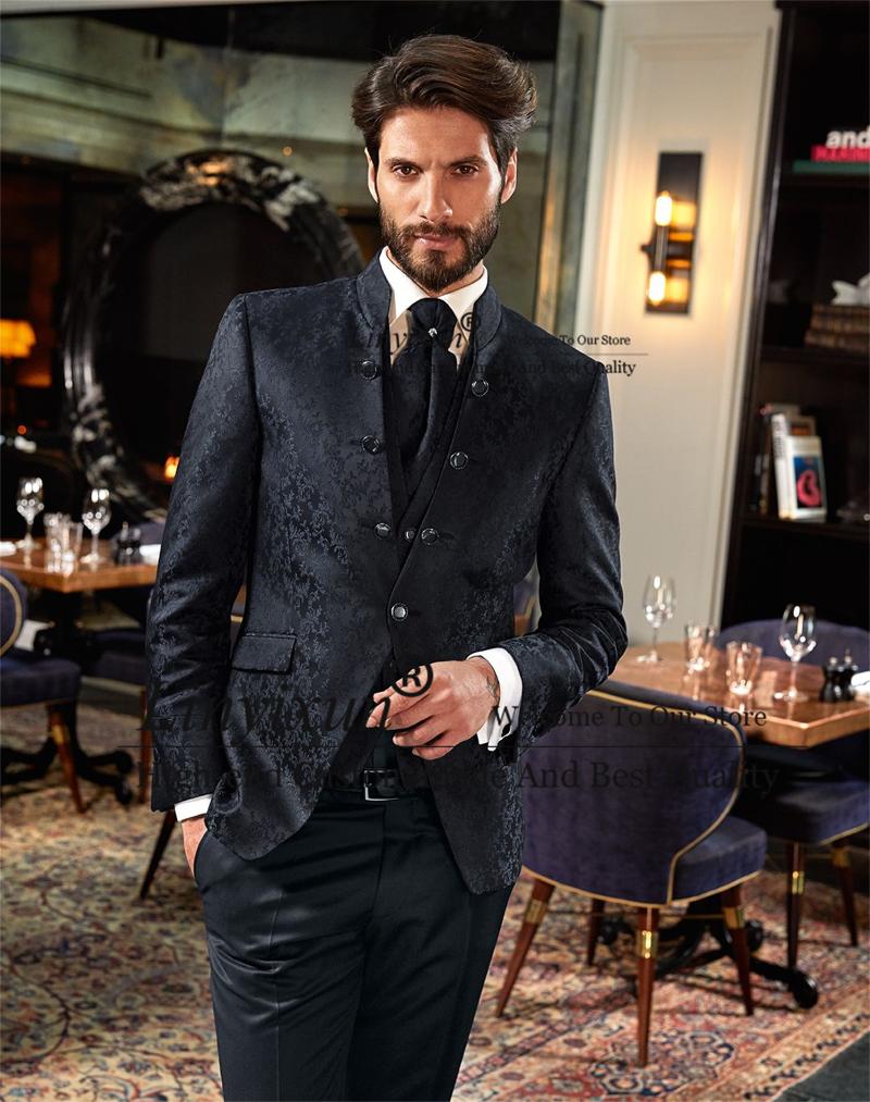 Costumes pour hommes Blazers Mode Noir Jacquard Modèle Slim Fit Hommes 3 Pièces Ensemble Marié De Mariage Tuxedos D'affaires Mâle Prom Blazer Ter