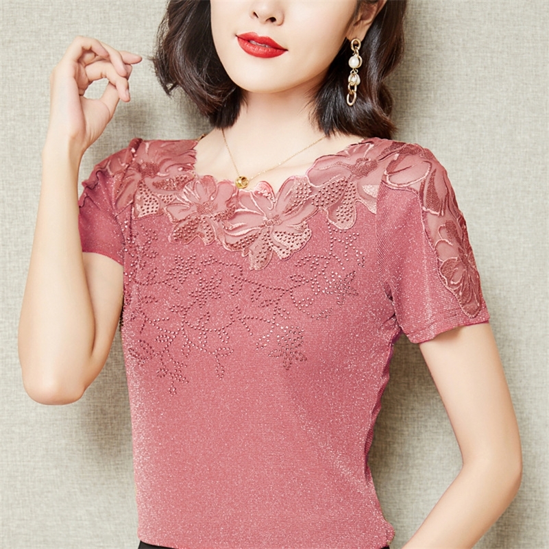 

M-4XL Women T-Shirt Lace Hollow Embroidery Mesh Tops Fashion Casual Short Sleeve drilling Women's Shirt Blusas 220321, Sky blue