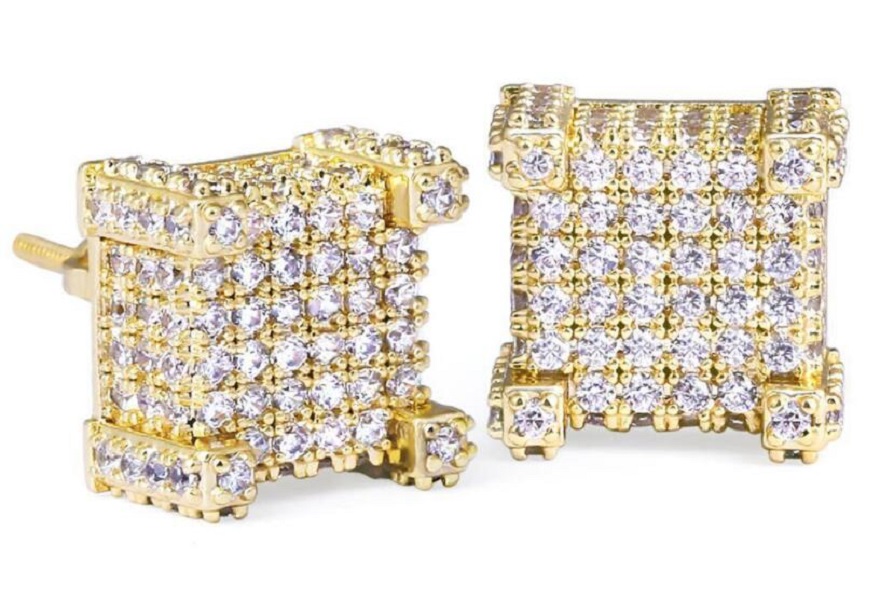 

14K Plated gold Stud Square spiral ear cap Hip hop men's earrings with full diamond and micro inlaid Earrings