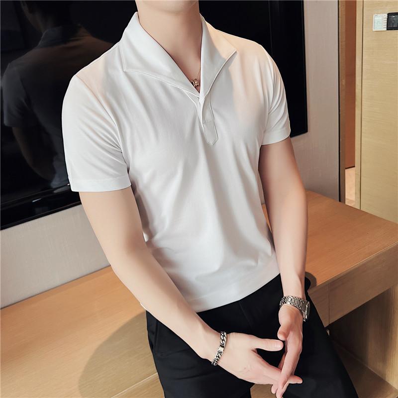

Men's Polos Plus Size 4XL-M Fashion Business Casual Turn Down Collar Short Sleeve Shirts For Men Clothing 2022 Solid Slim Fit Tee ShirtMen's, Black