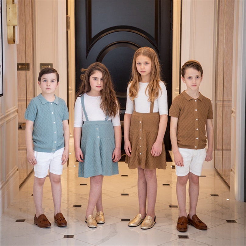Brother Sister Matching Clothes Summer Boys Girls Knitted Outfit Teenagers Thin Polo Shirt Cardigan Teens Skirts Baby Short 220531