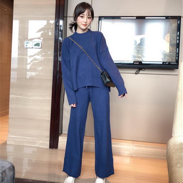

Women's Two Piece Pants Retro Chic Thickened Simple Sweater Suit Female Autumn Winter Split Knitted Pullover Wide-leg SetWomen's, Royal blue