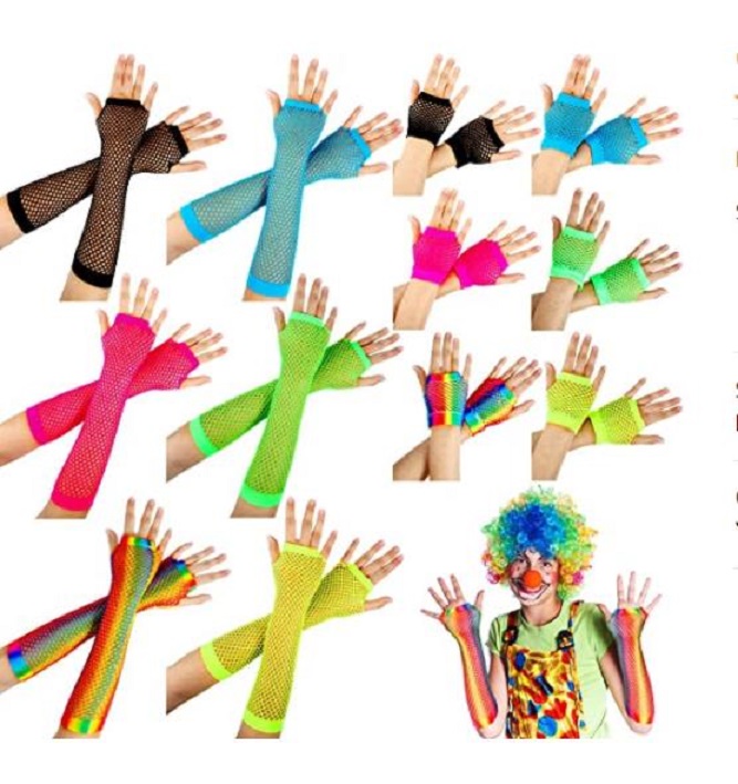 

80s Fishnet Gloves Neon Women Girls Party Costume Accessories Halloween Mesh Fingerless Stretch Glove Rainbow Mardi Gras Carnival Vintage Retro Stylish Props, Short