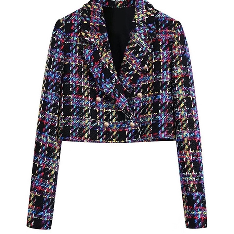 

TRAF Women Fashion Front Metal Button Tweed Cropped Blazer Coat Vintage Long Sleeve Female Outerwear Chic Veste Femme 220402, As picture