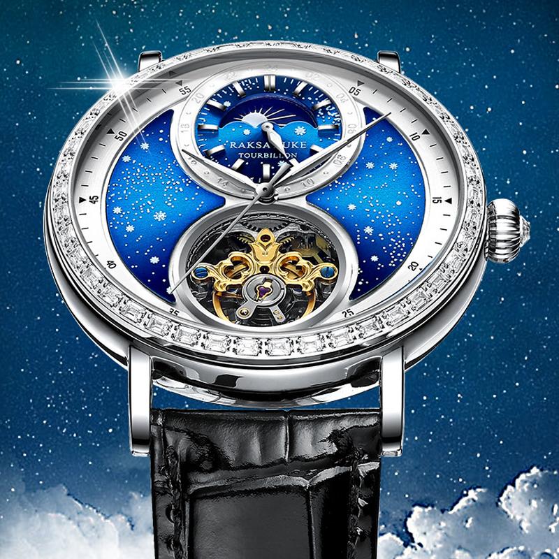 

Wristwatches Starry Tourbillon Skeleton Automatic Watch For Men Luxury Diamond Moon Phase Mechanical Mens Watches Waterproof Montre Homme, Blue