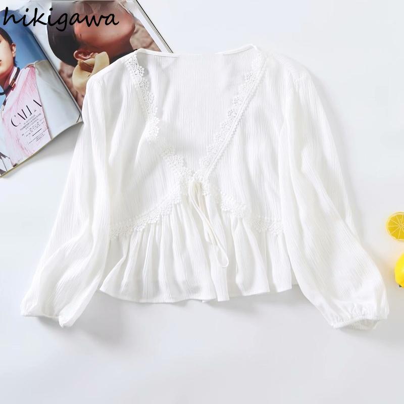 

Women's Blouses & Shirts Hikigawa Blusas Fashion Lace Patchwork V Neck Bandage Long Sleeve Solid Pleated High Street Pullover Top Femme, Photo color