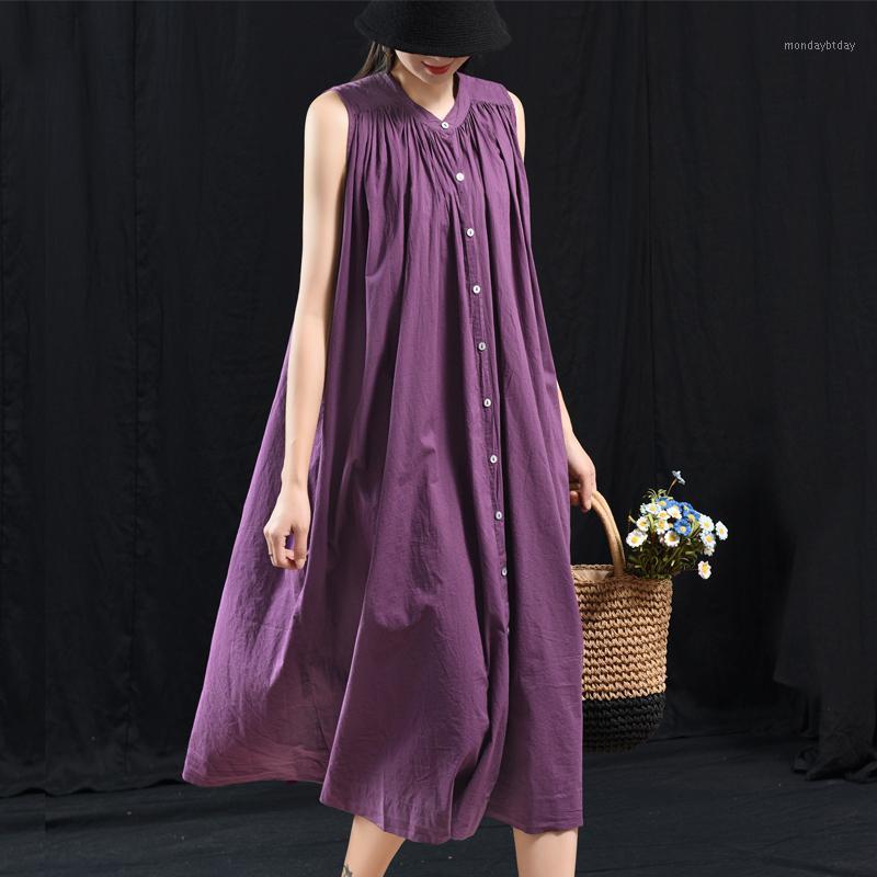 

Casual Dresses Summer Dress Women Fashion Large Size Loose O-Neck Button Sleeveless Mori Girl Vintage 2022, Black