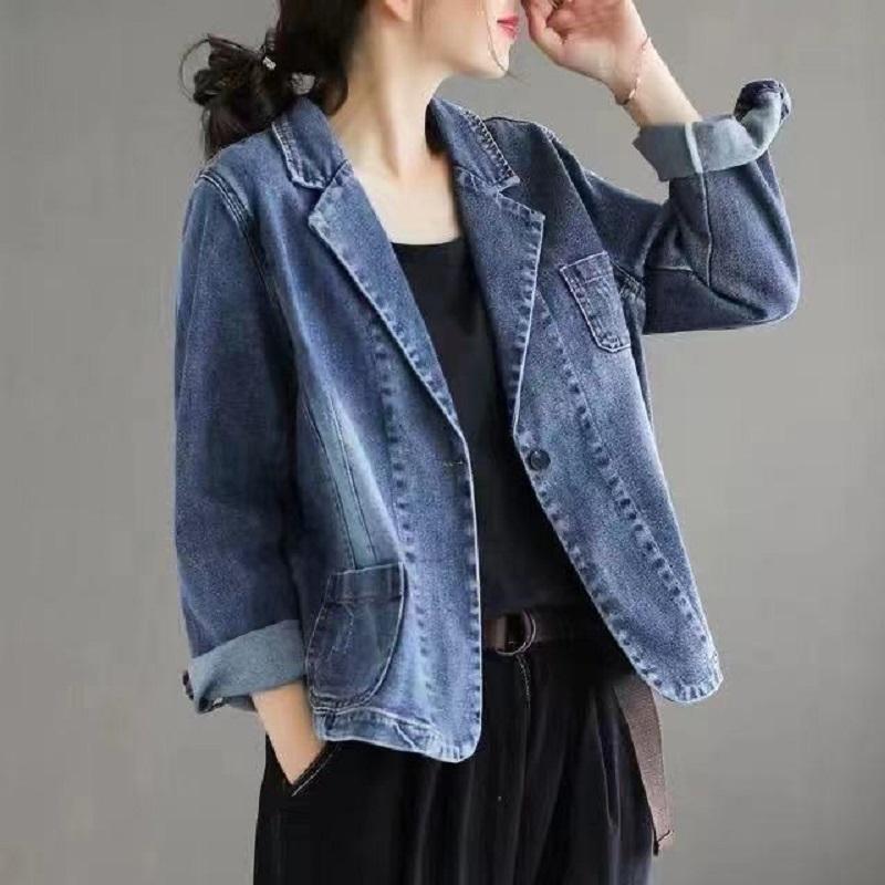 

Women's Suits & Blazers Women Spring And Autumn Outwear Denim Coat Single Botton Pockets JacketWomen's, Blue