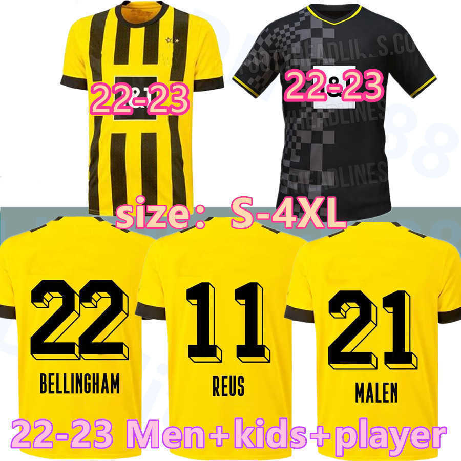 22 23 Fans Joueur 110th Haaland Reus Soccer Jersey 4th Dortmund 2022 2023 Shirts de football Bellingham Men Kids Reyna Brandt Emre Can Malen