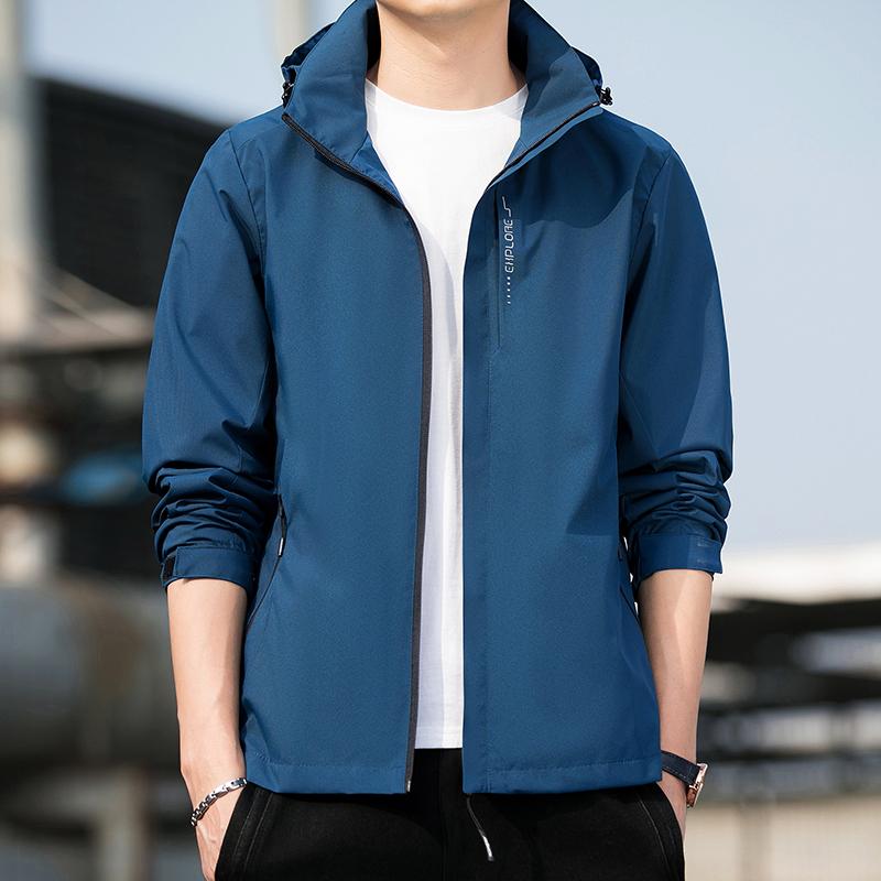 

Men's Jackets Design Autumn Jacket Coat Men Zipper Hooded Windbreaker Detachable Hat Fashion Print Outdoor Waterproof For ManMen's, Beige