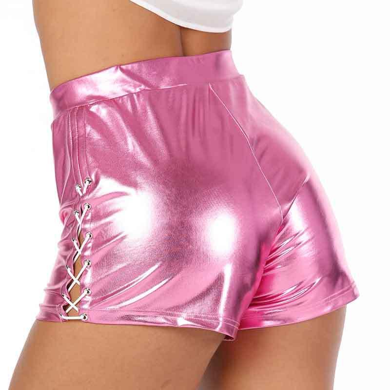 

Women's Shorts Women Summer Shiny PU Leather Sexy Pole Dance Metallic Clubwear High Waist Side Split Lace-up Wet Look, White;black