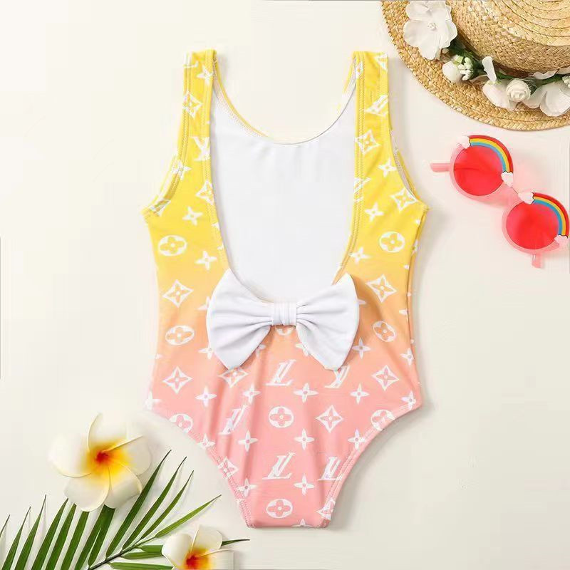 

Baby Girls One-Piece Designer Swimwear Kids Swimsuit Girls With letters One-Pieces Bow Beachwear Bikini Bathing Suit Swim Children Clothing 90-150 Bright Yellow