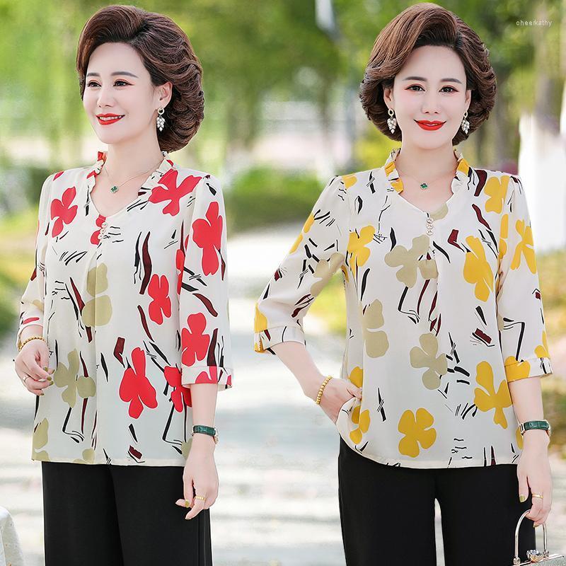 

Women's Blouses & Shirts Red Elegant Office Lady Floral Print V Neck 3/4 Sleeve Pullovers Blouse Spring Summer Work Wear Women Tops And Blou, Yellow