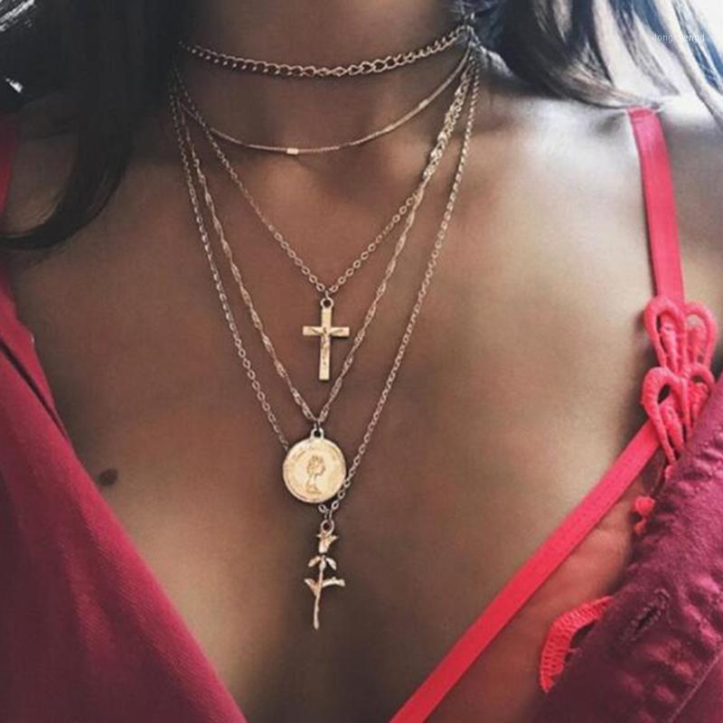 

Multilayer Cross Rose Necklaces & Pendants For Women Vintage Charm Gold Choker Necklace 2022 Bohemian Jewelry Wholesale X231 Chains
